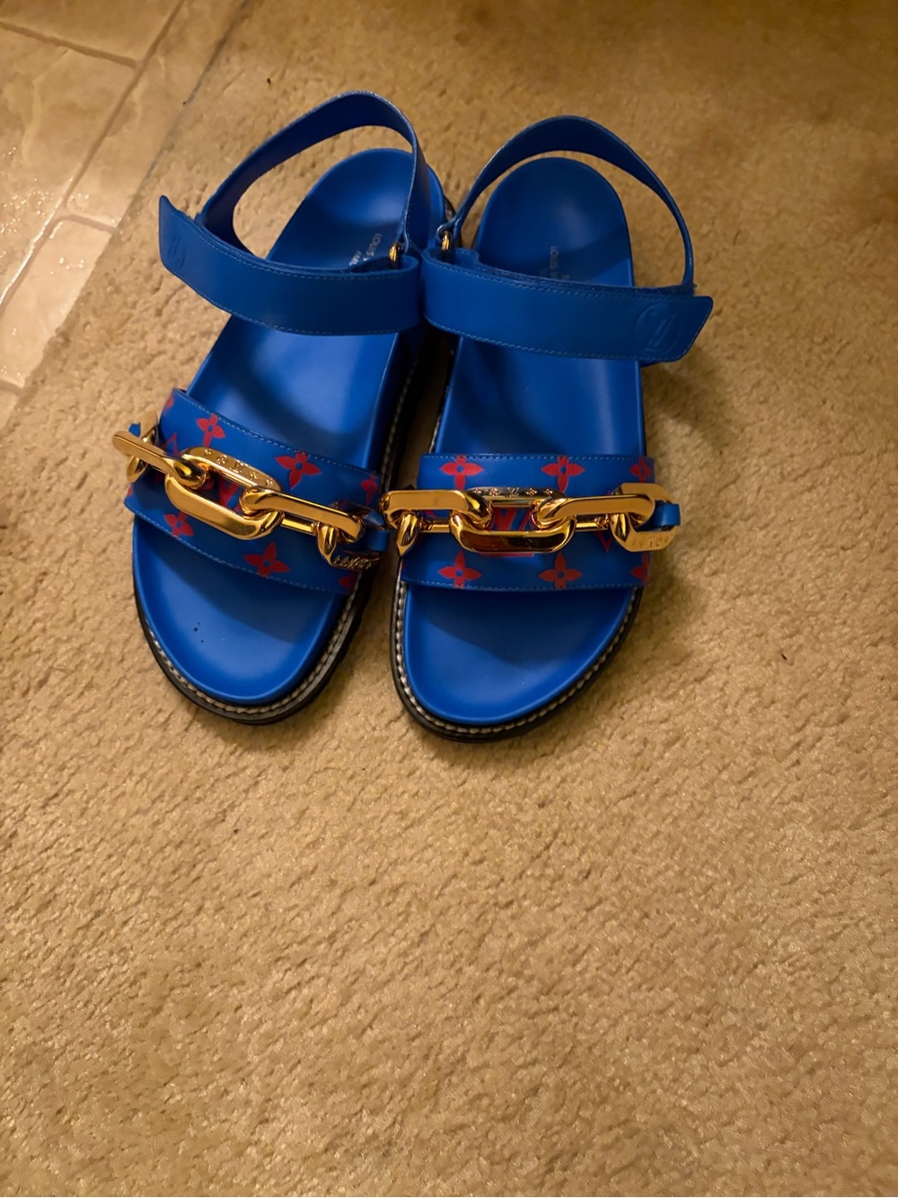 Louis Vuitton Blue Kids Sandals with Gold Chain and Red Monogram Accents
